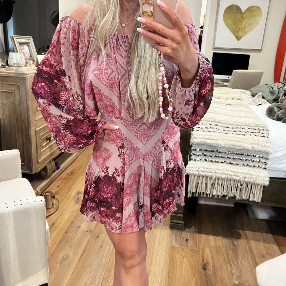 Free People Pink and Red Off-Shoulder Sundress with Bishop Sleeves